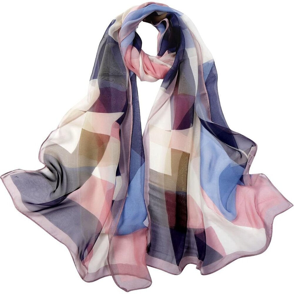 Women's Blue+pink Fashion Lightweight Head Scarf Floral Print Chiffon Scarves